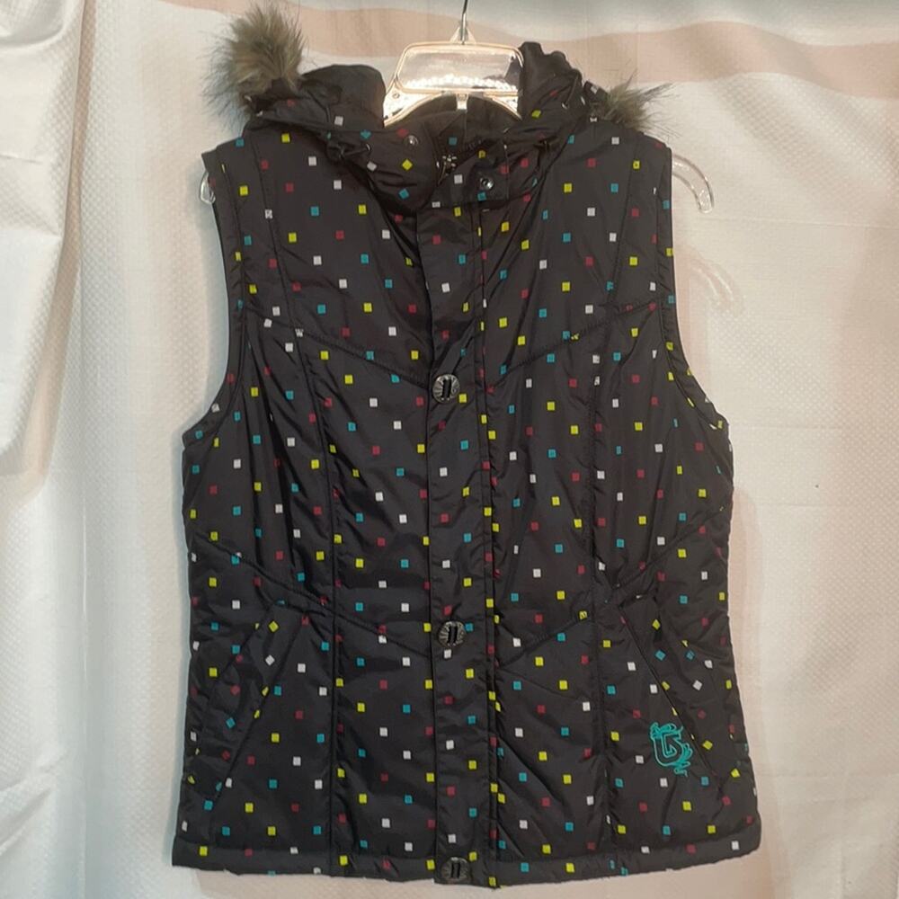 Burton L black w/ colorful dot hooded vest euc